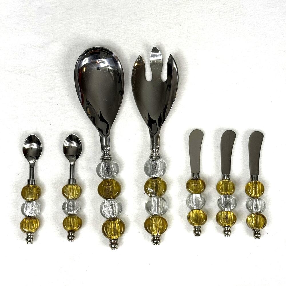 Beaded Handle Stainless Steel Serving Utensils Set 7 Gold Silver Salad Cheese